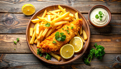 fish and chips with french fries on rustic wooden table
