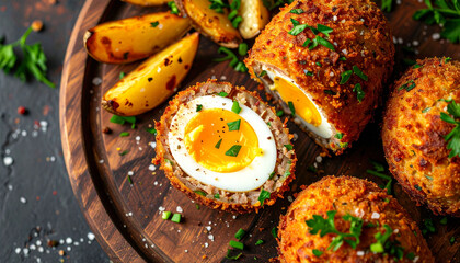 Scotch Eggs on Wooden Board