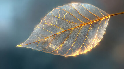 A delicate translucent leaf, its intricate veins gleaming with golden light, suspended in a soft, ethereal atmosphere. This image captures the ephemeral beauty of nature