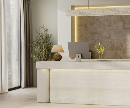 Close-up of a hotel reception desk, 3d render