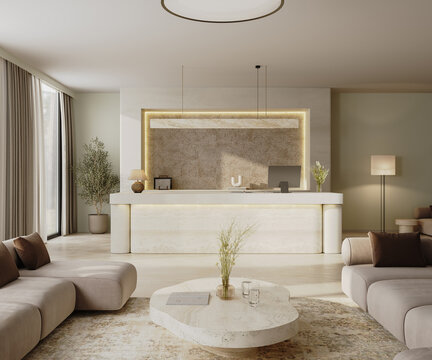 Modern hotel reception area, 3d render