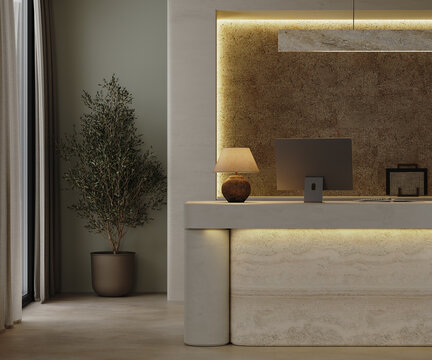 Hotel reception desk with warm light at night