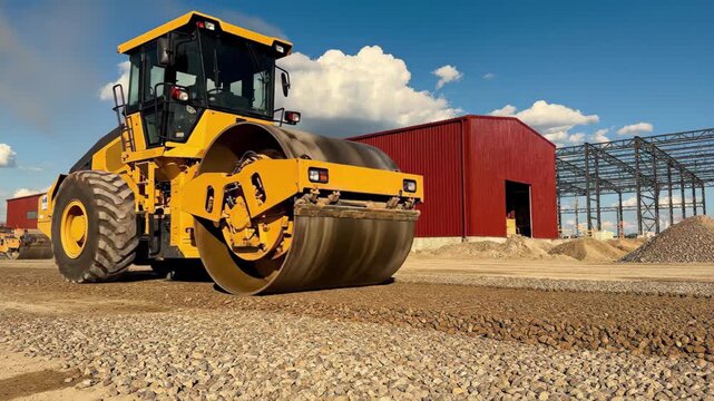 Yellow vibratory roller compacting gravel at construction site with red warehouse and steel frame structure, 4k