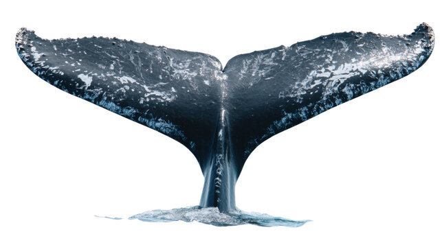 Humpback whale fluke diving, showing tail above ocean surface with isolated transparent background