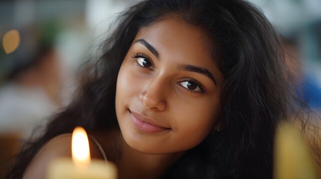 A young woman with dark hair smiles gently illuminated by the warm glow of a candle flame in a softly lit environment - Powered by Adobe