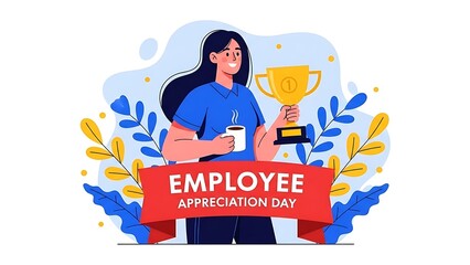 Employee appreciation day celebration with trophy and coffee