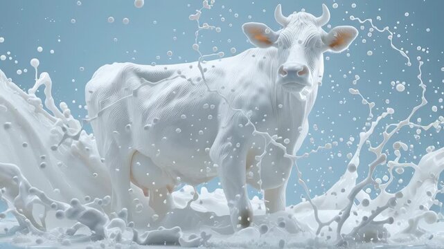 White cow emerging from splashing milk with dynamic motion and fluid textures in bright setting