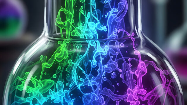 Vibrant green, blue, and purple ink swirls and droplets suspended in a clear glass flask, creating a mesmerizing abstract display. - Powered by Adobe
