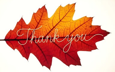 A vibrant fall leaf with the words "Thank You" written on it, isolated on a white background.