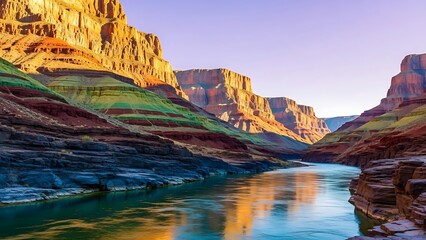 A peaceful river mirrors the warm, layered walls of a vast canyon under a twilight sky.