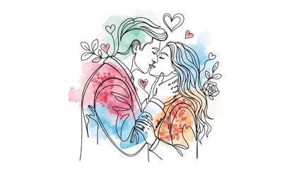 Obraz premium Colorful Continuous Line Art of Romantic Couple Sharing a Gentle Kiss on Valentine