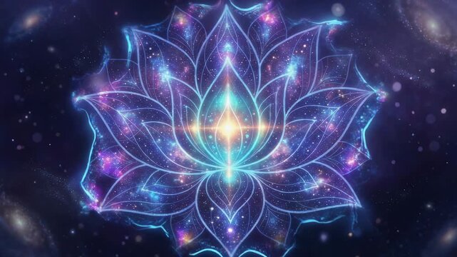 Beautiful cosmic lotus flower design with glowing stars and galaxies in a mystical background
