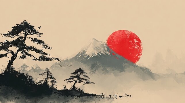 Japanese landscape background in traditional sumi e ink painting style, minimal monochrome brushwork, serene mountains and mist, wide wallpaper backdrop with copy space