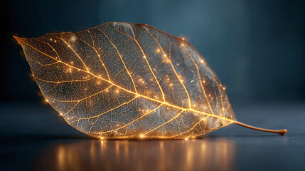 An illuminated leaf with intricate details on a dark background. The veins of the leaf are glowing