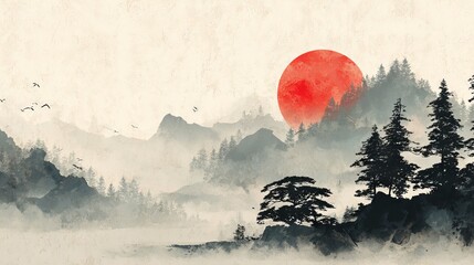 Japanese landscape background in traditional sumi e ink painting style, minimal monochrome brushwork, serene mountains and mist, wide wallpaper backdrop with copy space
