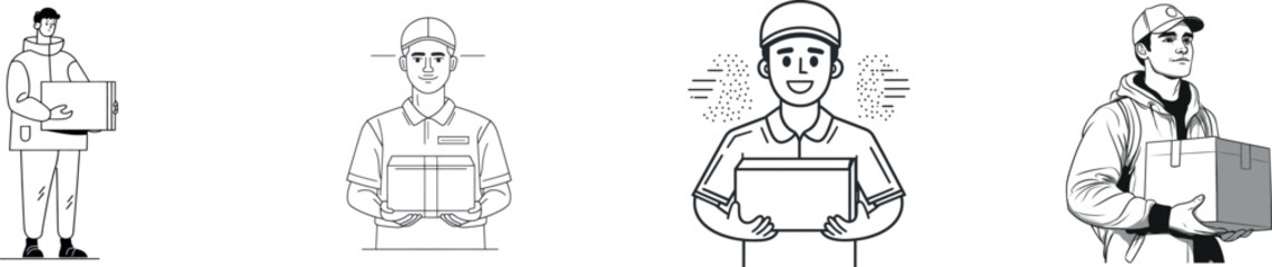 A continuous single line drawing illustrates a modern concept of a delivery worker carrying a packages icon