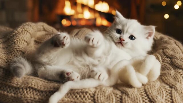 A fluffy white kitten sits snugly on a beige knitted blanket, actively pawing and rolling a loose strand of thick cream colored wool yarn in a warm, cozy setting rolling, home, playful