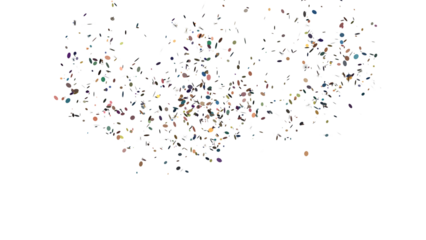 PNG colorful confetti swirl on white, scattered festive particles forming airy curved motion, light celebration overlay for minimal party posters, elegant invitations and web graphics

