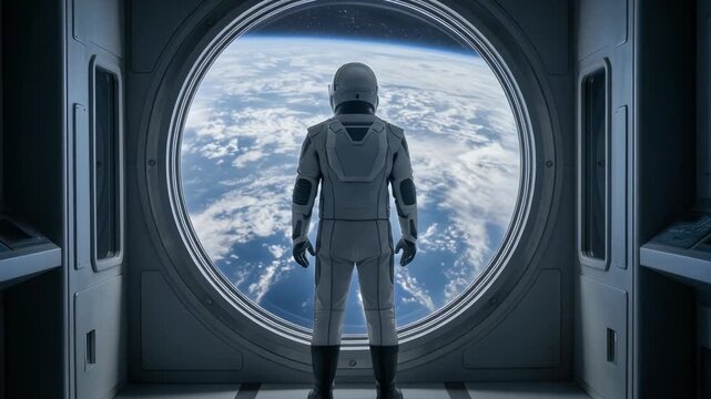Astronaut gazing at Earth from a futuristic spacecraft window in a stunning space scene