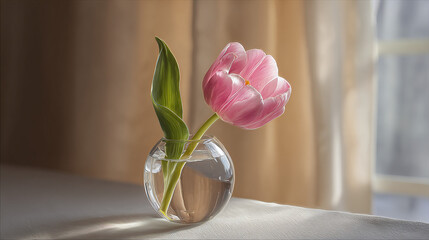 A pink tulip in a clear glass vase, lit by sunlight, creating a serene and captivating display