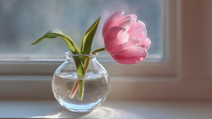 A delicate pink tulip in a transparent glass vase near window, radiating elegance