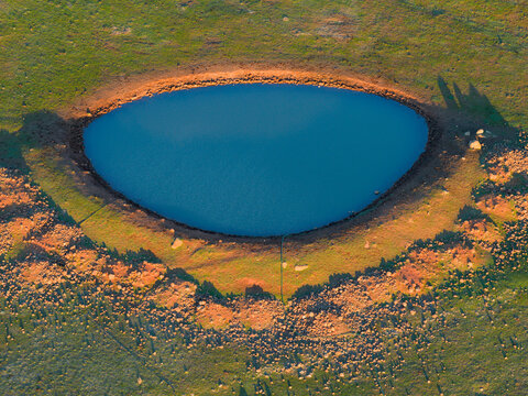 Farm dam the shape of an eye in a green field