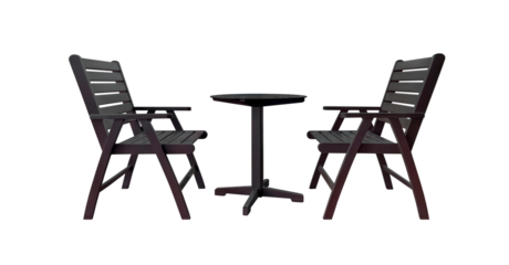 Set of wooden tables and chairs used in restaurants or cafes isolated on white background