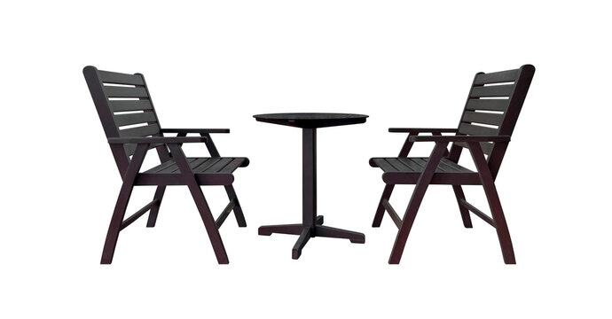 Set of wooden tables and chairs used in restaurants or cafes isolated on white background