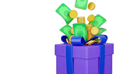 Purple Gift Box Overflowing with Cash and Coins