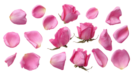 Collection of rose buds and petals in pink on transparent background for design