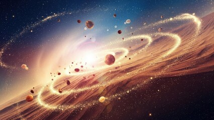 Dynamic cosmic dance with ethereal golden dust trails and orbiting celestial fragments in a