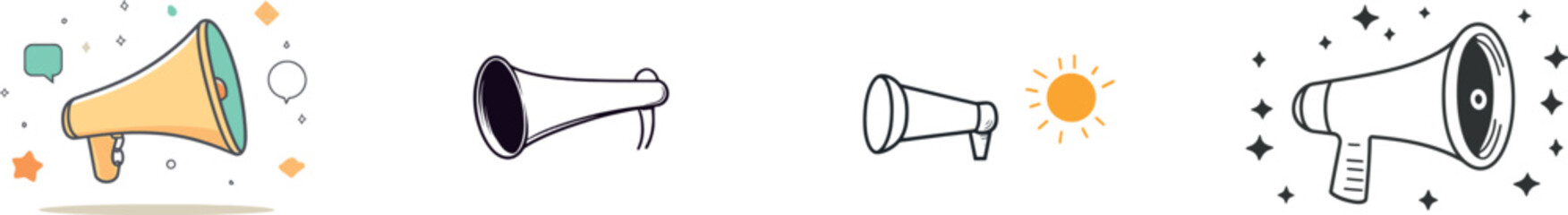 A simplified linear style is used in a modern illustration to depict a loudspeaker bullhorn with a speech balloon, symbolizing both marketing promotion and the concept of hiring and job offers