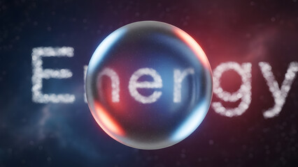 A luminous sphere, symbolizing energy, floats in a cosmic background with the word Energy spelled out in glowing particles.