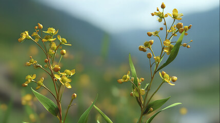 A close-up shot of wildflowers with their delicate yellow blossoms, set against a backdrop of a soft, unfocused landscape