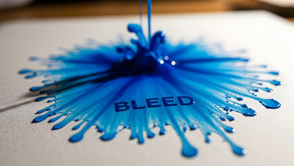 Vibrant blue ink splatters and drips across a white surface, forming a dynamic and abstract pattern.