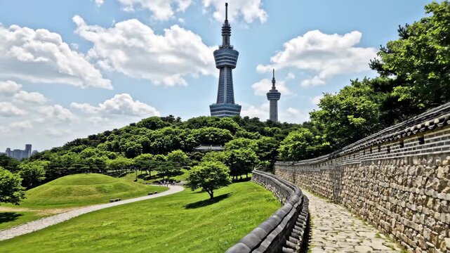 View of daegu tower and historic wall along a path in a lush green park under a partly cloudy sky, 4k