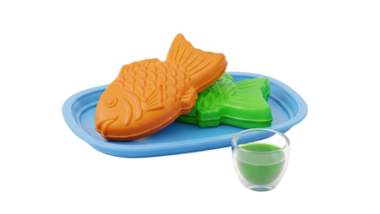 Taiyaki dessert molds and green drink on a blue plate