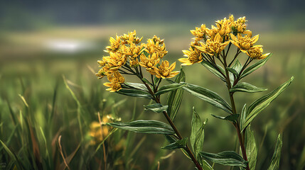 A captivating close-up of vibrant yellow wildflowers in a grassy field, displaying nature's beauty