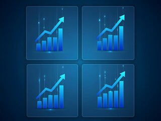 Set of four blue business growth bar charts with upward arrows on a dark background, illustrating progress and financial success