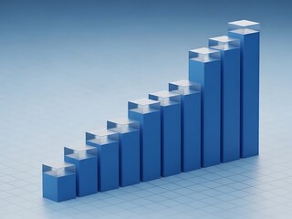 Minimalist blue 3D step bar chart with transparent glass caps on a grid background, symbol of steady corporate progression
