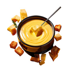 Warm cheese fondue with bread cubes and cheese blocks