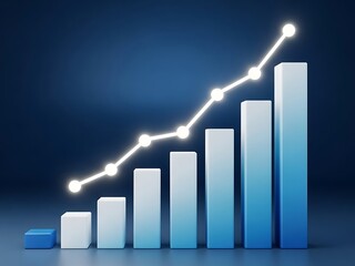 Professional blue and white bar chart with a glowing dotted line graph showing upward market trends and success