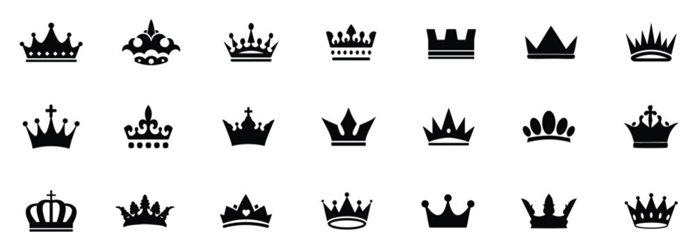 Crown icons, vector set. Crown vector, silhouette, icon. Crown symbol set. King, Princess crowns. Collection of crown silhouette. Vector illustration.
