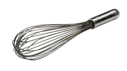 Wire whisk for cooking and baking preparing ingredients in a kitchen, stainless steel kitchen utensil with transparent background