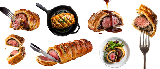 Set of classic British Beef Wellington dish, seared beef tenderloin puff pastry, with knife fork, Red Wine Reduction sauce, skillet pan, transparent cutout PNG. Many different style. Mockup for design