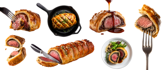 Set of classic British Beef Wellington dish, seared beef tenderloin puff pastry, with knife fork, Red Wine Reduction sauce, skillet pan, transparent cutout PNG. Many different style. Mockup for design