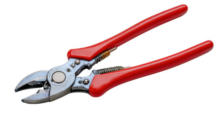 Hand shears with red handles for pruning and gardening, cutting branches and plants, transparent background