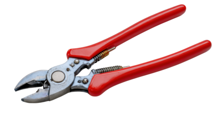 Hand shears with red handles for pruning and gardening, cutting branches and plants, transparent background