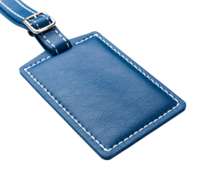 Blue Leather Luggage Tag with White Stitching and Buckle on Black Background label travel