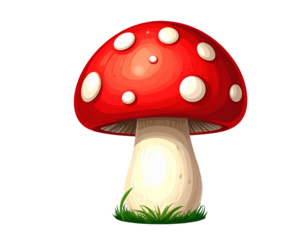 Cartoon Red Mushroom With White Spots And Green Grass On Black Background illustration